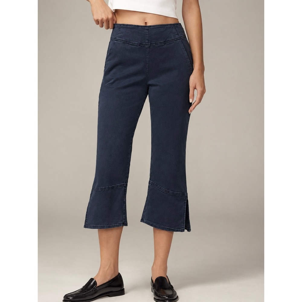 Anthropologie Pilcro Cropped Flare Pull-On Pants Hem Slit Trousers Navy Blue Med